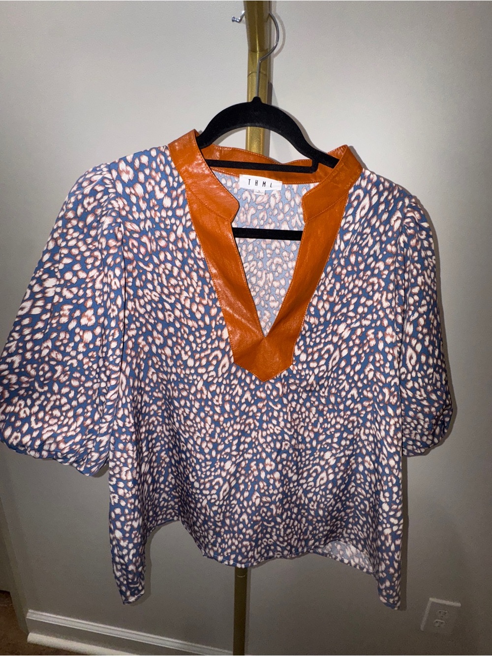 THML Blue and Pink Leopard V-Neck Top with Orange Trim